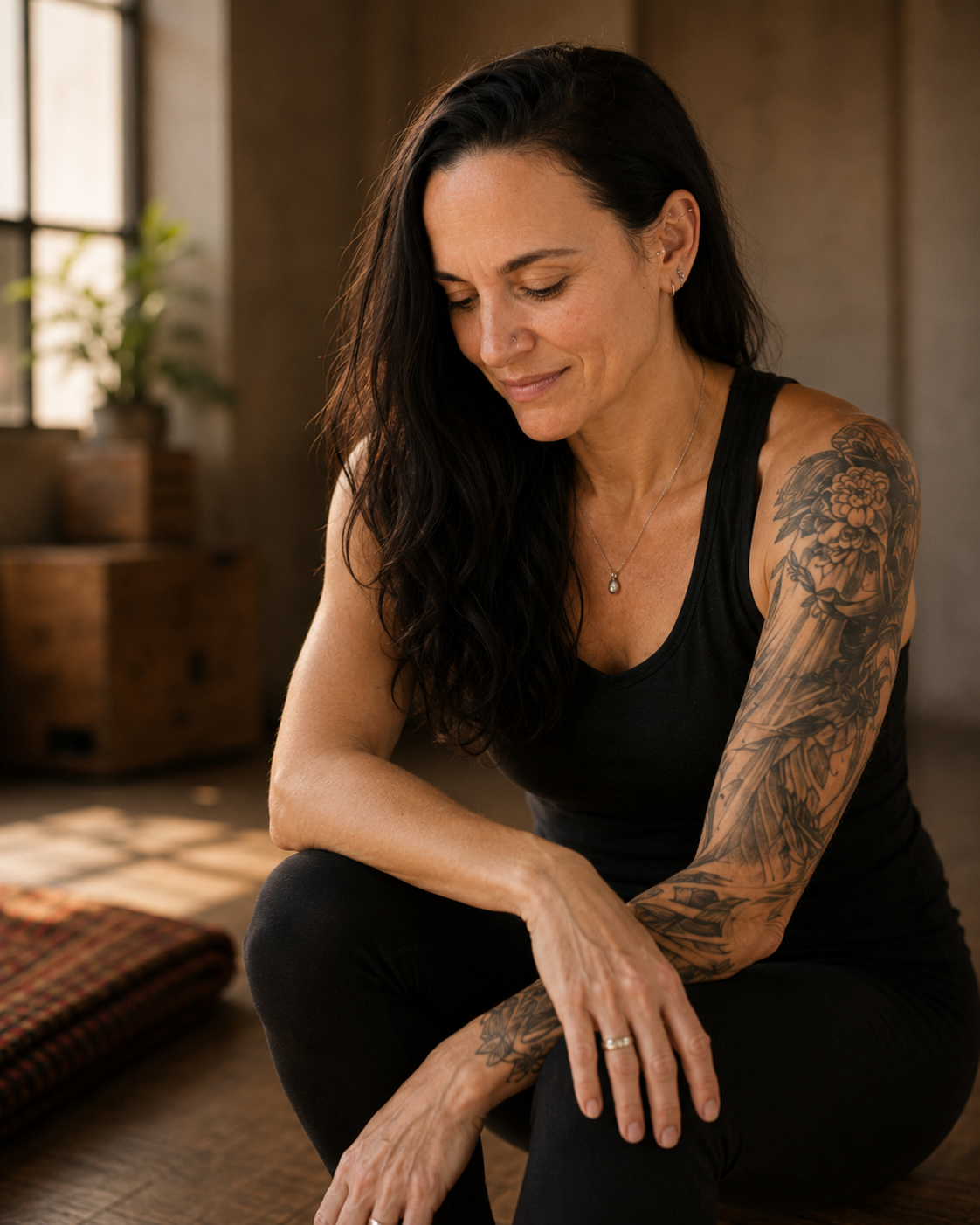 Quiet body-awareness portrait with visible tattoo sleeve
