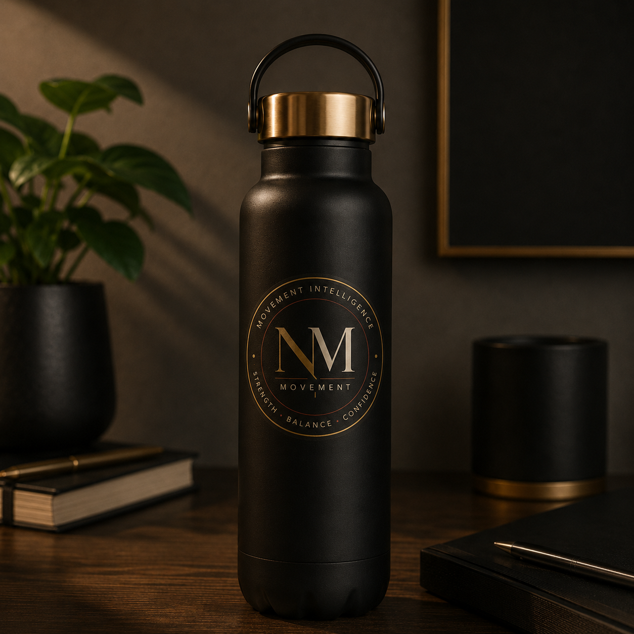 Black Neely MacArthur Movement water bottle with NM seal